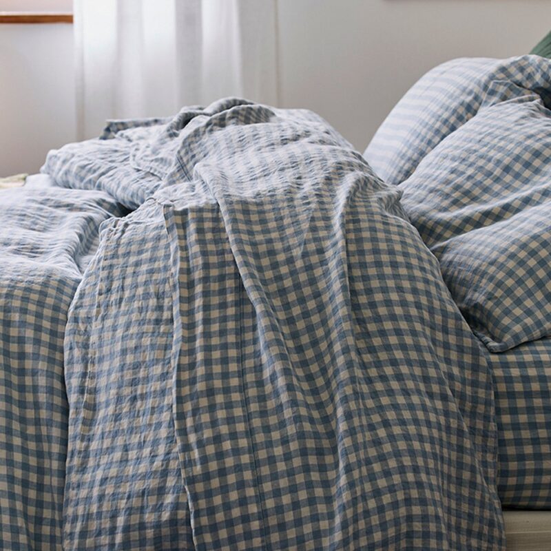 Warm Blue Gingham Linen Blend Flat Sheet