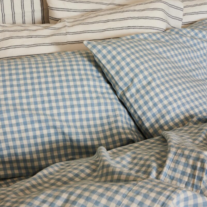 Warm Blue Gingham Linen Blend Pillowcase (Pair)